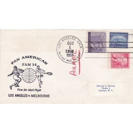 United States 1958 PANAM Los Angeles-Melbourne First Flight Cover VGC