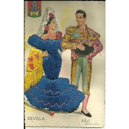 Spanish Silk SEVILLA Embroidered Postcard (Martinez)