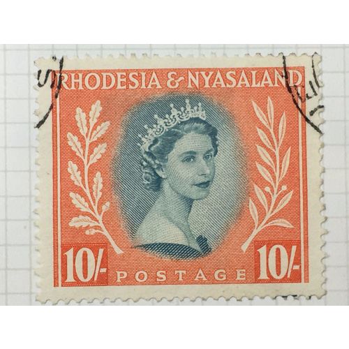 Rhodesia & Nyasaland 1954 10/- Dull Blue Green & Orange Used SG 14 postage stamp