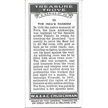 Treasure Trove 1937 Churchman's Cigarette Card 46 - The Inca's Ransom