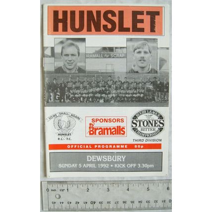1992 programme Hunslet v. Dewsbury, 5/4