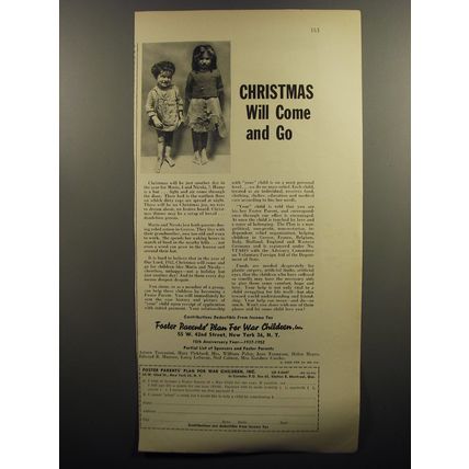 1952 Foster Parents' Plan for War Children Ad - Christmas will come and go
