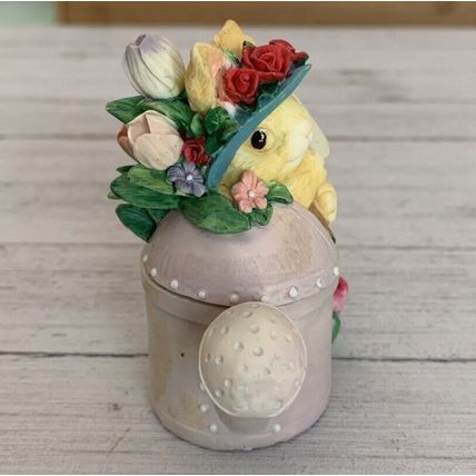 Vintage Bunny Rabbit Watering Can Lidded Trinket Box Tulips Roses Sun Bonnet Hat