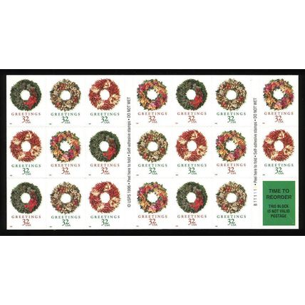 Holiday Wreaths Christmas Booklet Pane of Twenty 32 Cent Stamps Scott 3252e