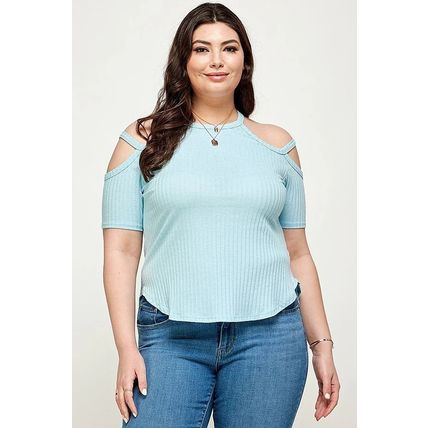 Women's Plus Size, Solid Ribbed Cold Shoulder Top