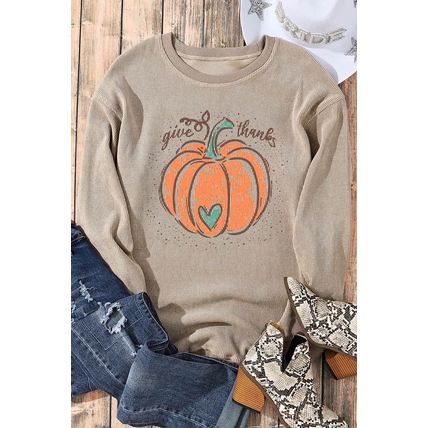 Khaki Give Thanks Pumpkin Graphic Corded Sweatshirt