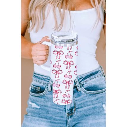 White Cherry Bowknot Stylish Large Tumbler with Handle 40oz