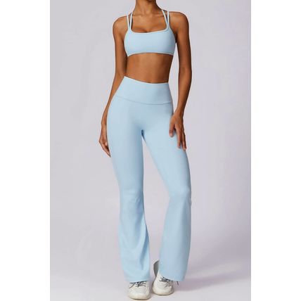 Mist Blue Solid Color High Waist Active Sports Flare Pants