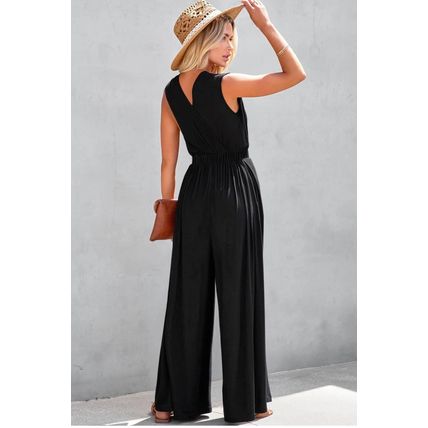 Black Deep V Pleated Crisscross Wide Leg Backless Jumpsuit