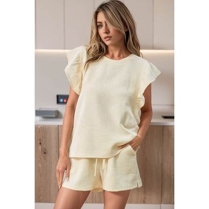 Apricot Textured Ruffled Sleeve Tee and Drawstring Shorts Set