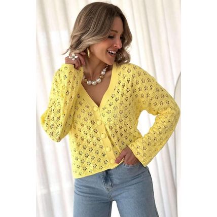 Yellow Pointelle Knit V Neck Sweater Cardigan