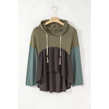 Laurel Green Mixed Textured Colorblock Patchwork Wide Sleeve Frayed High Low Hoo