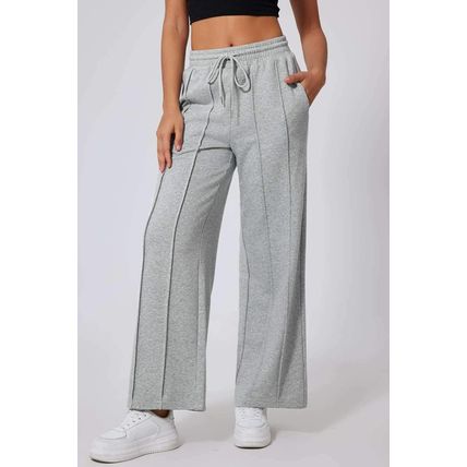 Gray Seamed Drawstring High Waist Wide Leg Sweatpants