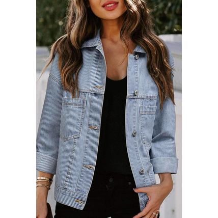 Sky Blue Stripe Washed Oversize Pocketed Denim Jacket