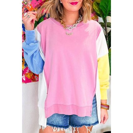 Bonbon Color Block Exposed Seam Side Slits Crewneck Sweatshirt