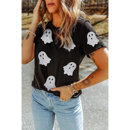 Black Glitter Ghost Pattern Crew Neck Halloween T Shirt