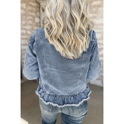 Beau Blue Ruffle Raw Hem Flap Pockets Denim Jacket