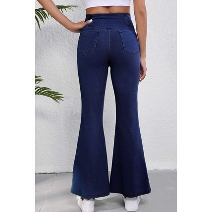 Dusk Blue Solid Crossed Waist High Elastic Fit Flare Knit Jeans