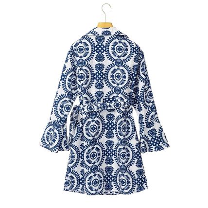 Blue Floral Print V Neck Wrapped Knot Long Sleeve Dress