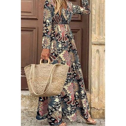Black Floral Print V Neck Wrap High Waist Maxi Dress