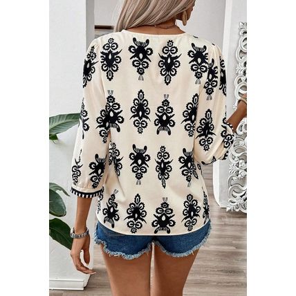 Beige Vintage Geometric Printed 3/4 Sleeve V Neck Blouse