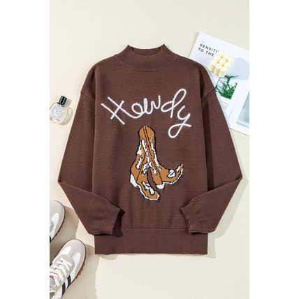 Coffee Western Howdy Boot Graphic High Neck Sweater