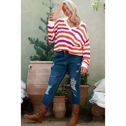 Pink Stripe V Neck Drop Shoulder Plus Size Sweater