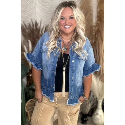 Peacock Blue Ruffled Frayed Short Sleeve Plus Size Denim Jacket