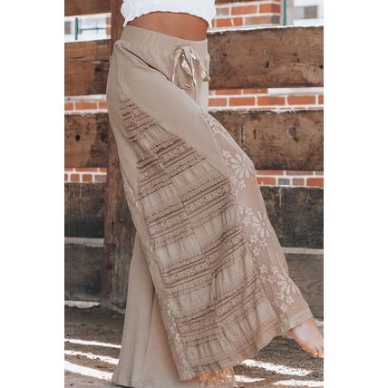 Smoke Gray Boho Lace Patchwork Wide Leg High Waist Pants