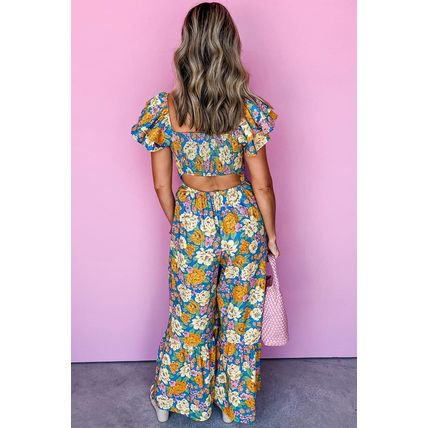 Yellow Floral Allover Print Shirred Cut Out High Waist Jumpsuit