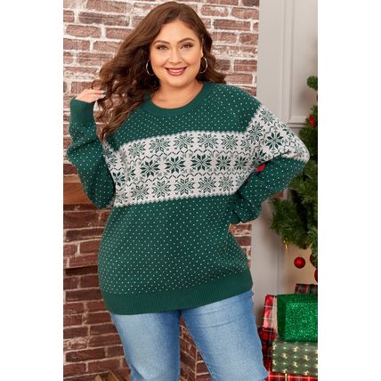 Green Christmas Snowflake Pattern Drop Shoulder Plus Size Sweater