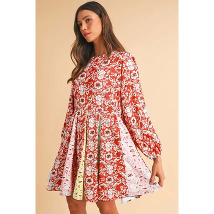 Red Colorful Floral Patchwork Long Sleeve Pleated Mini Dress