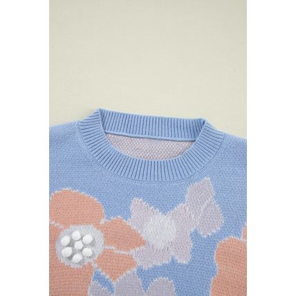 Beau Blue Floral O Neck Drop Shoulder Knitted Sweater