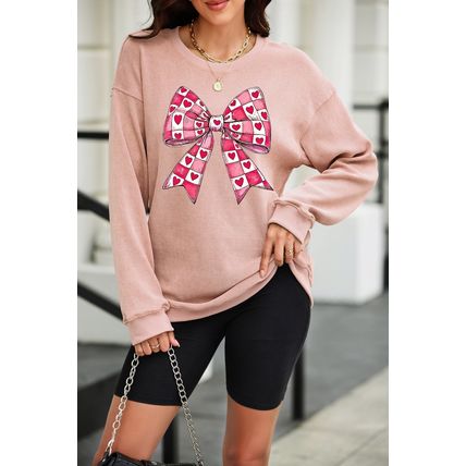 Pink Valentines Heart Checkered Bow Pattern Corded Baggy Sweatshirt