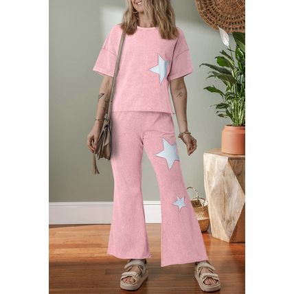 Light Pink Acid Wash Star Patched Rolled Trim Pants Set
