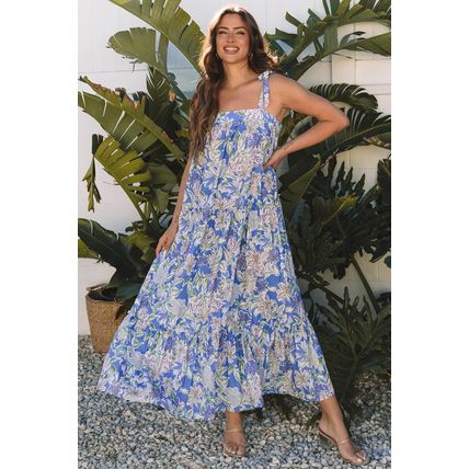 Sky Blue Floral Print Self-tie Straps Flowy Ruffle Long Dress