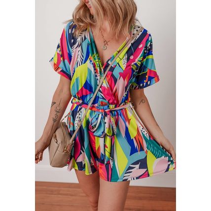 Multicolour Tropical Printed Surplice Neck Tie Waist Romper