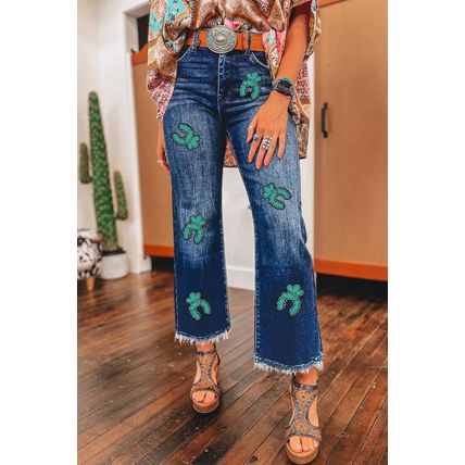 Sail Blue Turquoise Pattern Raw Edge Cropped High Waist Jeans