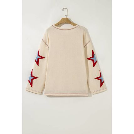 Beige USA Star Contrast Patchwork Exposed Seam Long Sleeve Top