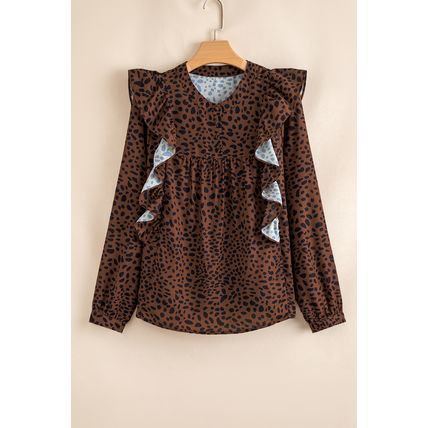 Brown Leopard Print Ruffled Puff Sleeve Blouse