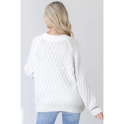 White Textured Knit Ribbed Edge V Neck Loose Sweater