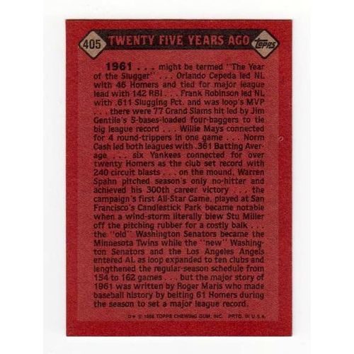 1986 Topps Roger Maris Turn Back the Clock card #405 – Yankees