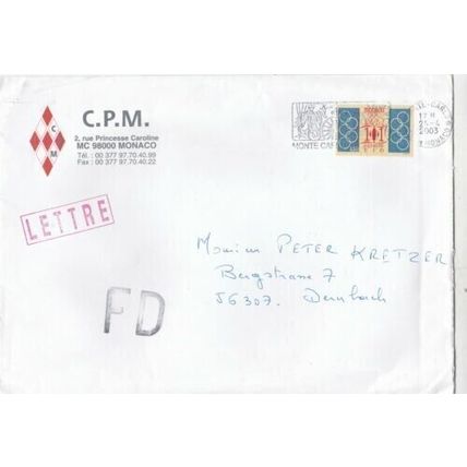 Monaco 2003 C.P.M Monaco-Dernbach Germany Cover Special Cancel written VGC