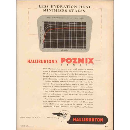 HALLIBURTON OIL WELL CEMENTING 1953 Pozmix hydration heat vintage ad