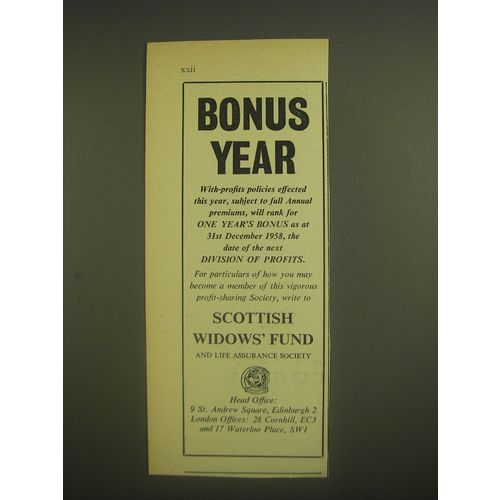 1958 Scottish Widows' Fund Advertisement - Bonus Year