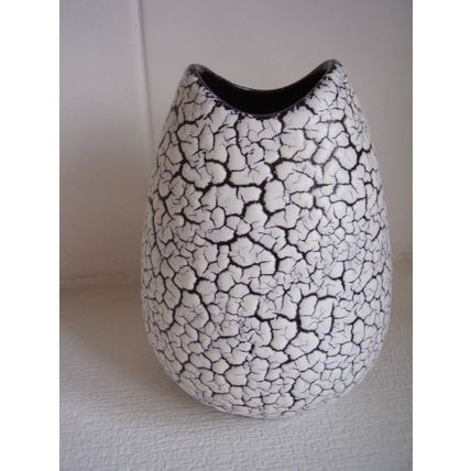 Vintage Jasba Vase Cortina Glaze Fish-mouth Rim Black White Fat Lava 50s Germany