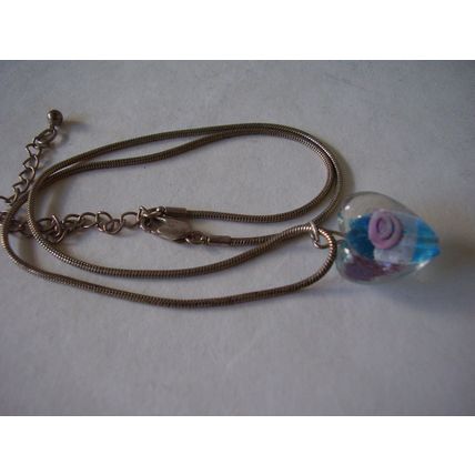 Vintage Necklace Murano Glass Heart Blue & Pink Rose Flower Pendant 19" Chain