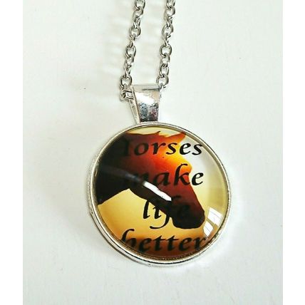 Horses Make Life Better Glass Cabochon Pendant Silver Necklace Gift