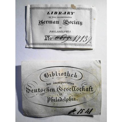 German Society in Philadelphia : 2 Ex Libris Bookplates - in English & German