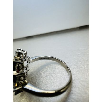 Ring Bomb Party Sz8 RBP Flower W/ Red Hexagon Gem Rhodium P Band *Missing A Gem*